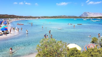 Nära stranden och solstolar