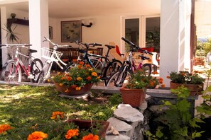 Um jardim com plantas em vasos e bicicletas.