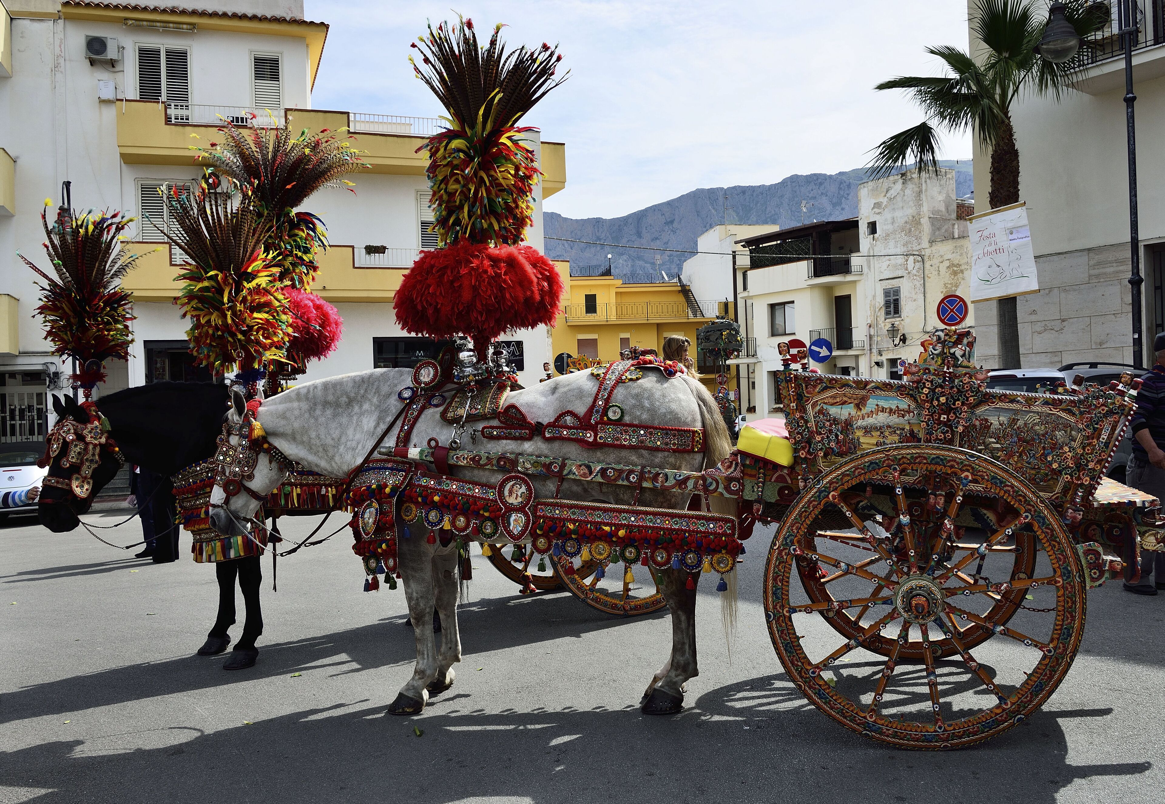 A horse-drawn carriage with ornate decorations and a rider.