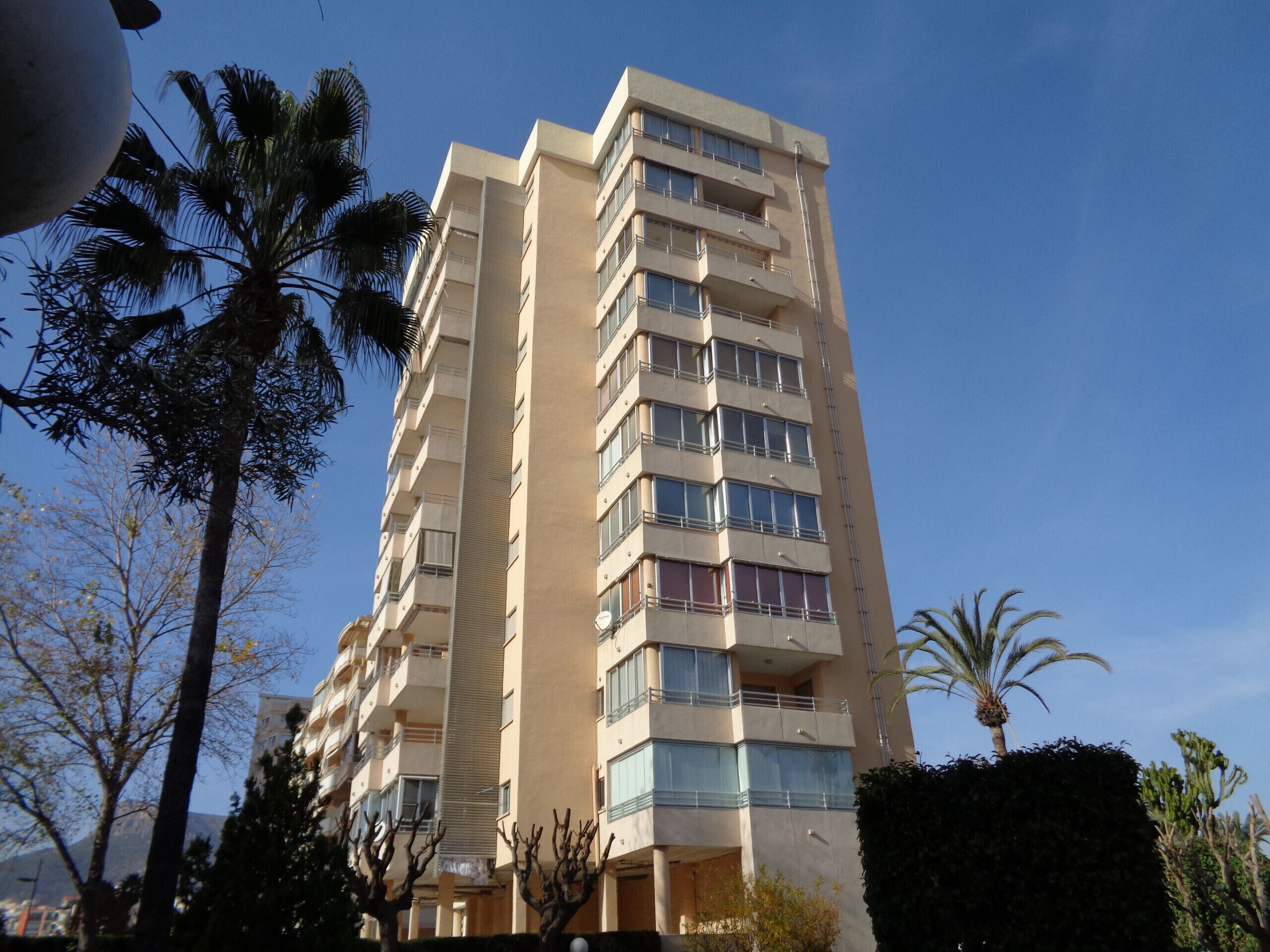 A multi-story building with balconies, surrounded by palm trees and other vegetation.
