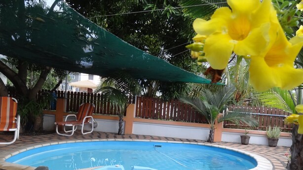 Une piscine avec un jacuzzi, entourée d’une terrasse carrelée, d’une clôture en bois et de quelques plantes en pot.