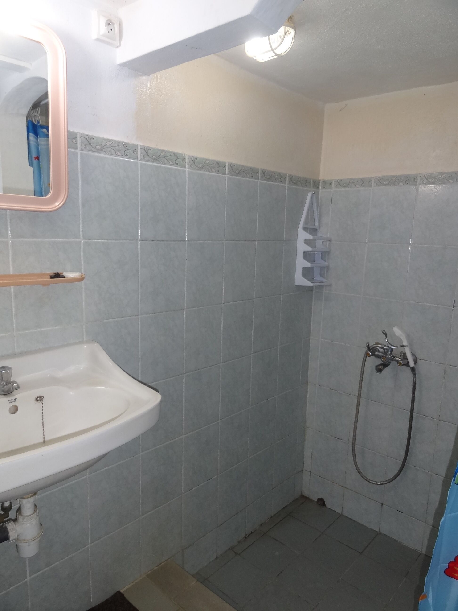Un baño con lavamanos, espejo y ducha.