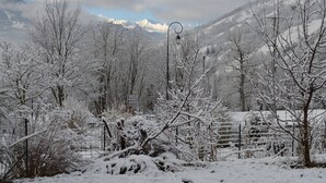 Un paysage enneigé, avec des arbres sans feuilles et un lampadaire.