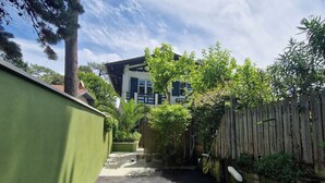A residential driveway leading to a house with a green wall on one side and a wooden fence on the other.