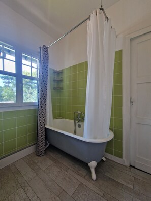 Bathtub, hair dryer, towels, toilet paper