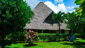 A thatched-roof building surrounded by lush greenery and a satellite dish.