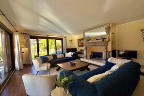 Télévision, cheminée, chaîne hi-fi