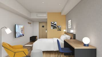 Premium bedding, desk, laptop workspace, blackout drapes