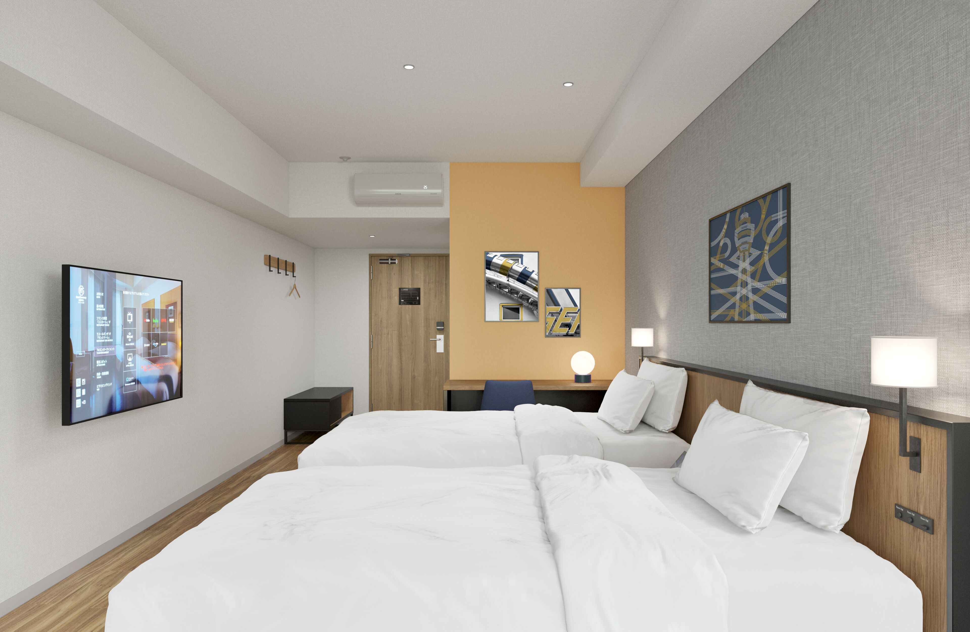 Luxe beddengoed, een bureau, een laptopwerkplek