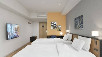 Premium bedding, desk, laptop workspace, blackout drapes