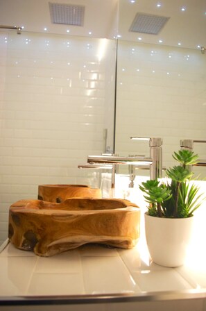 Rainfall showerhead, hair dryer, towels