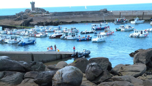 A rocky shoreline with a marina filled with various boats. - House with garden  3 stars (Névez)