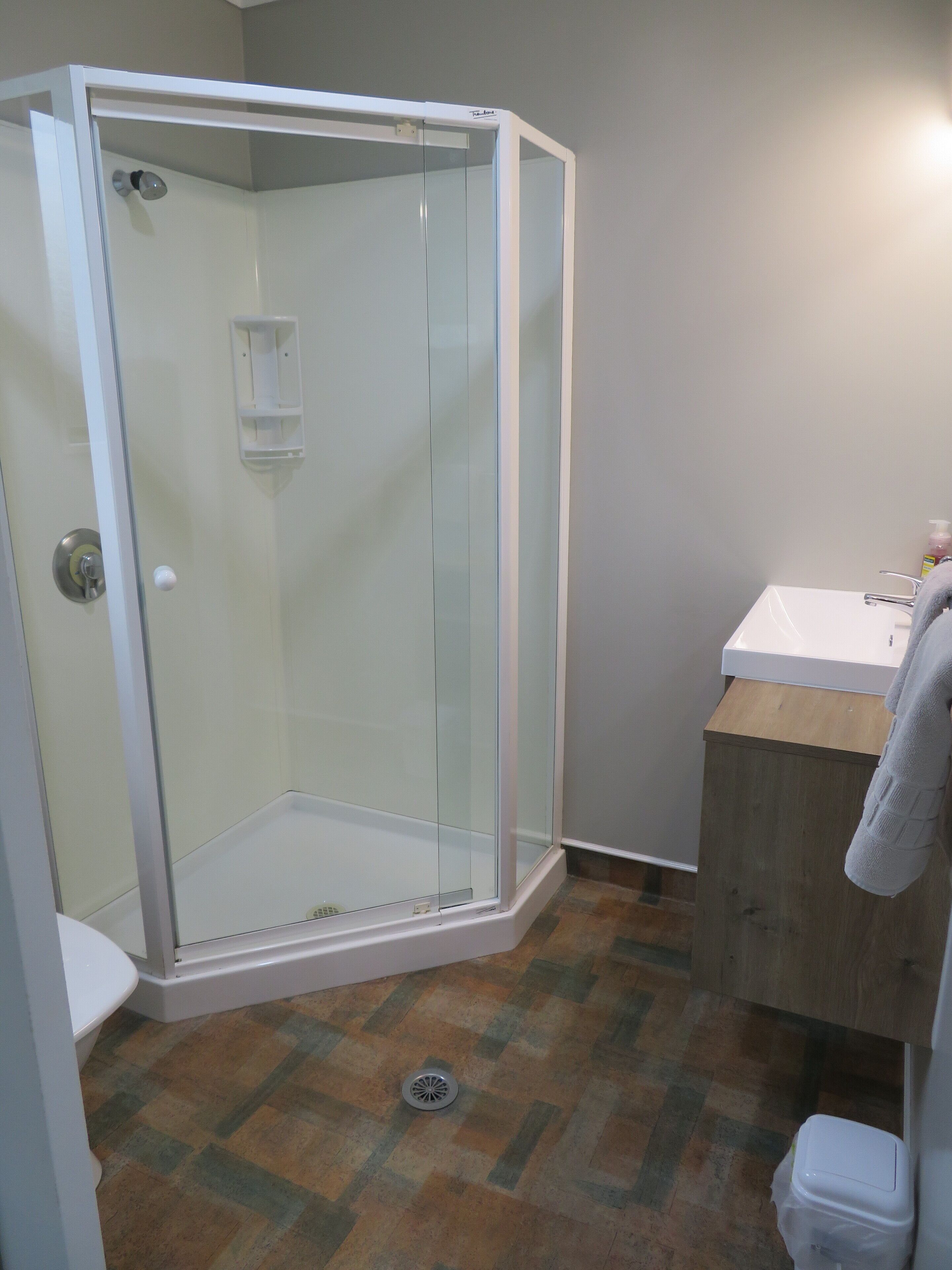 Un bagno con doccia vetrata, lavandino e WC.