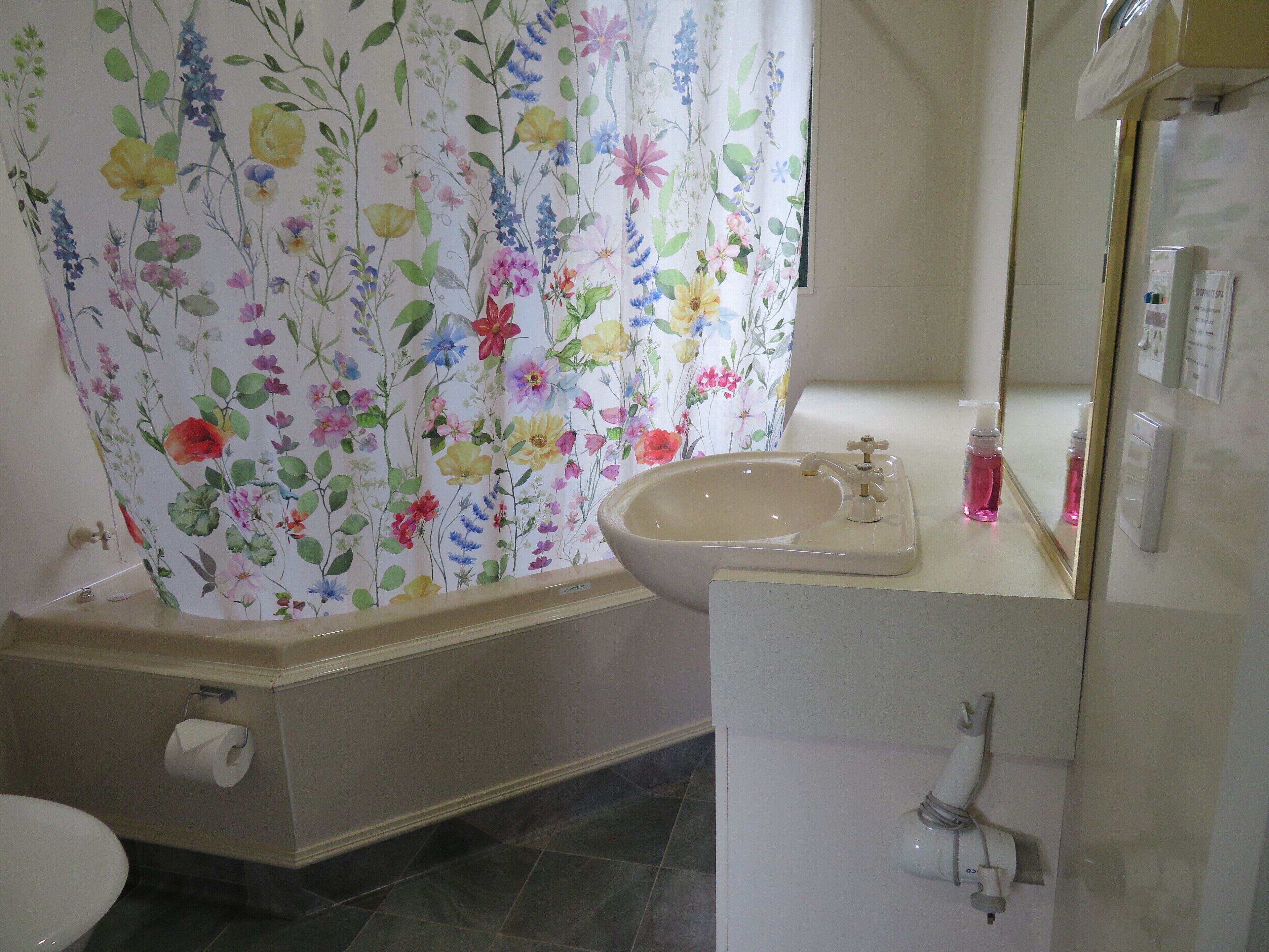 A bathroom with a floral shower curtain, a sink with a mirror, and a toilet.