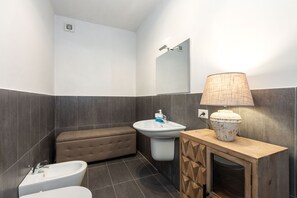 Combined shower/bathtub, hair dryer, bidet, towels