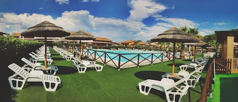 Outdoor pool, open 9:00 AM to 8:00 PM, pool umbrellas, sun loungers