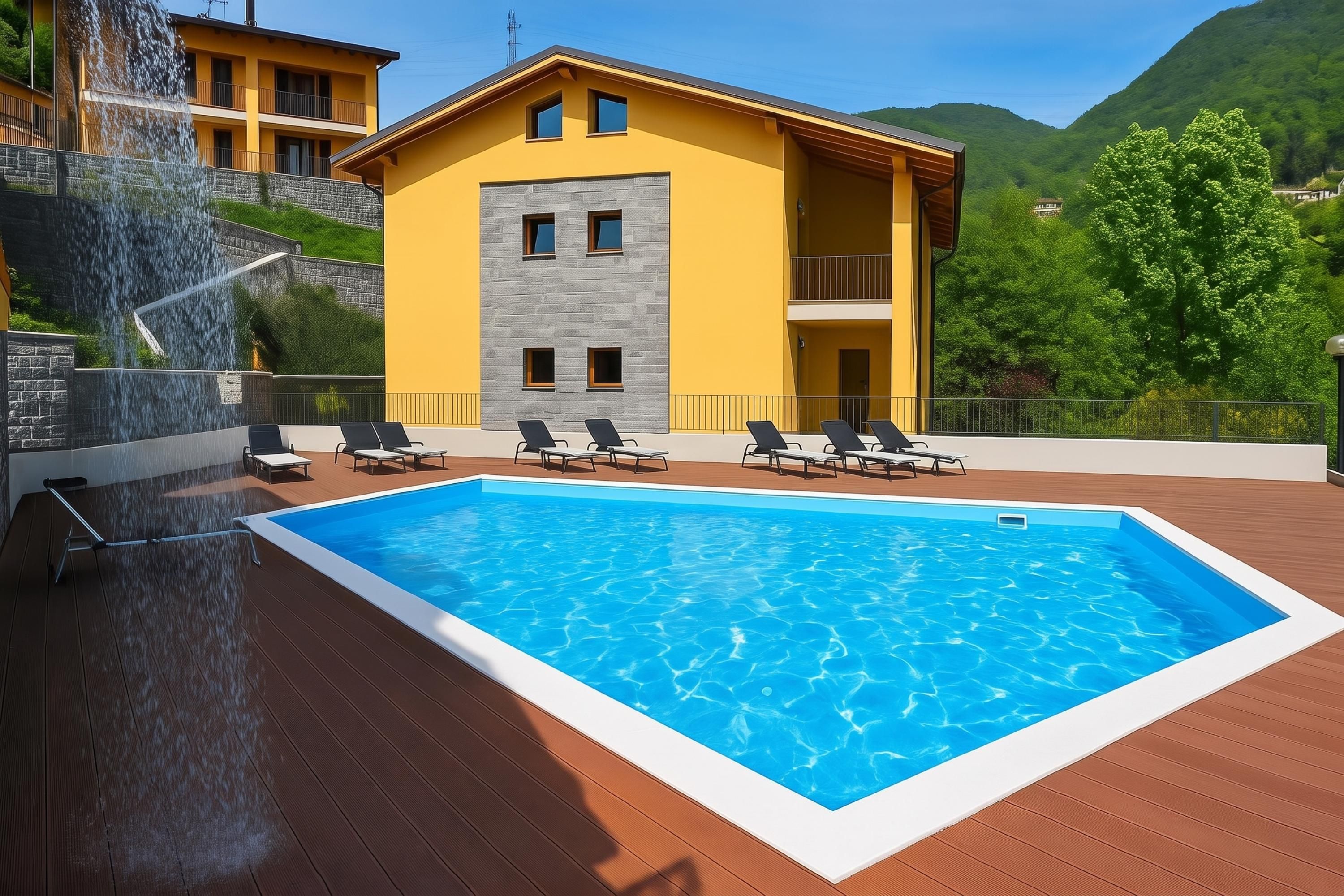 A swimming pool with lounge chairs, a stone wall, and a yellow building with a balcony.