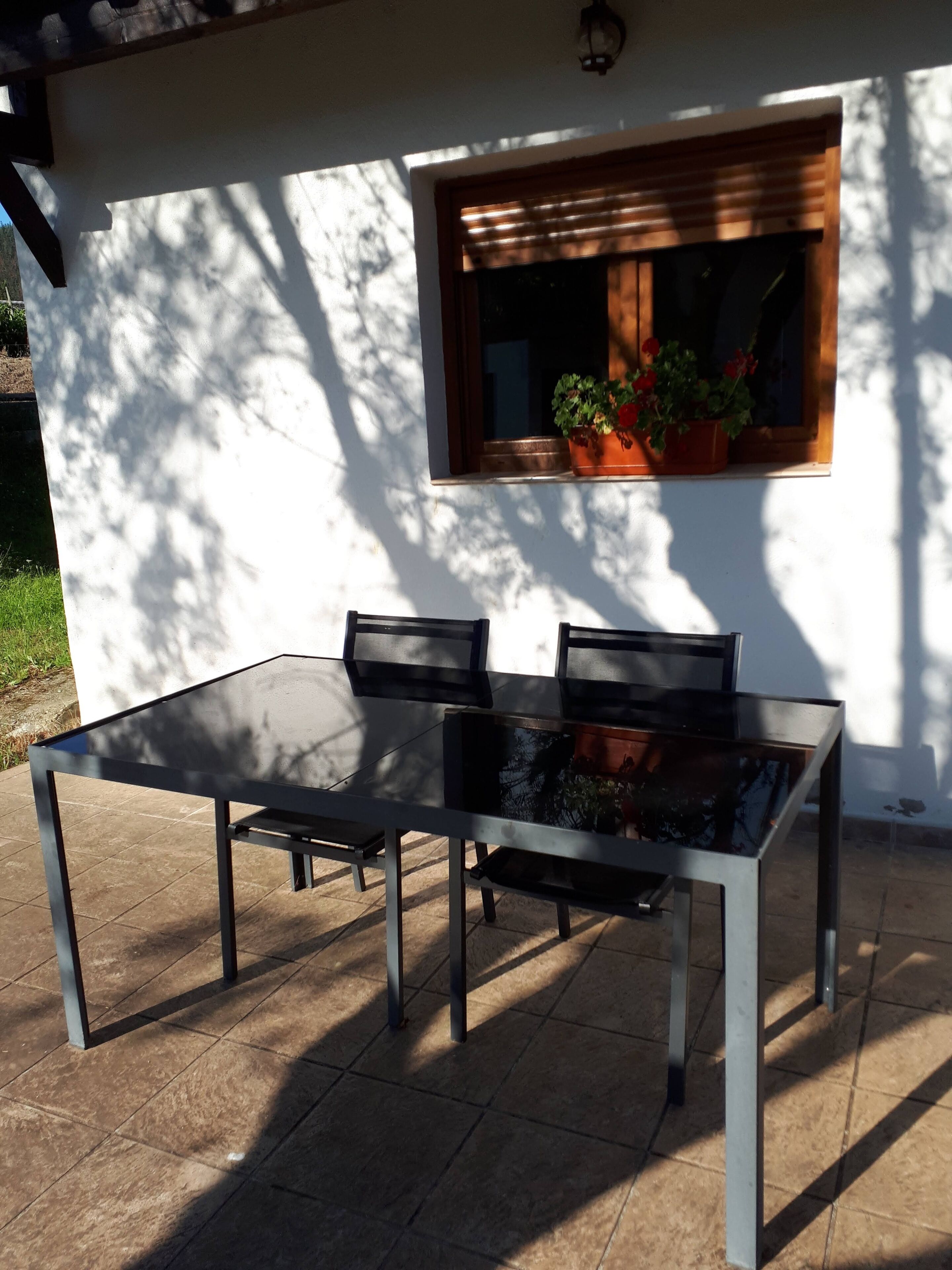 A glass-top table with metal legs, two chairs, and a window with blinds and potted plants.