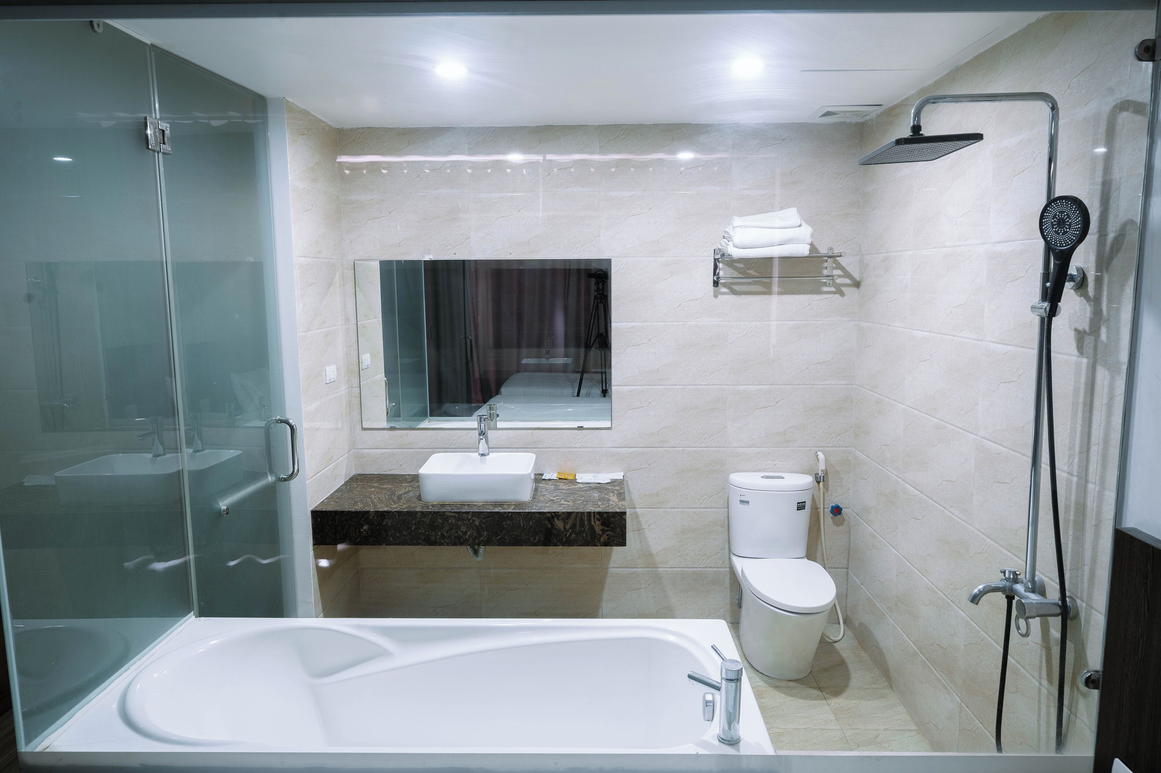A modern bathroom with a glass shower enclosure, a white bathtub, a sink, and a toilet.