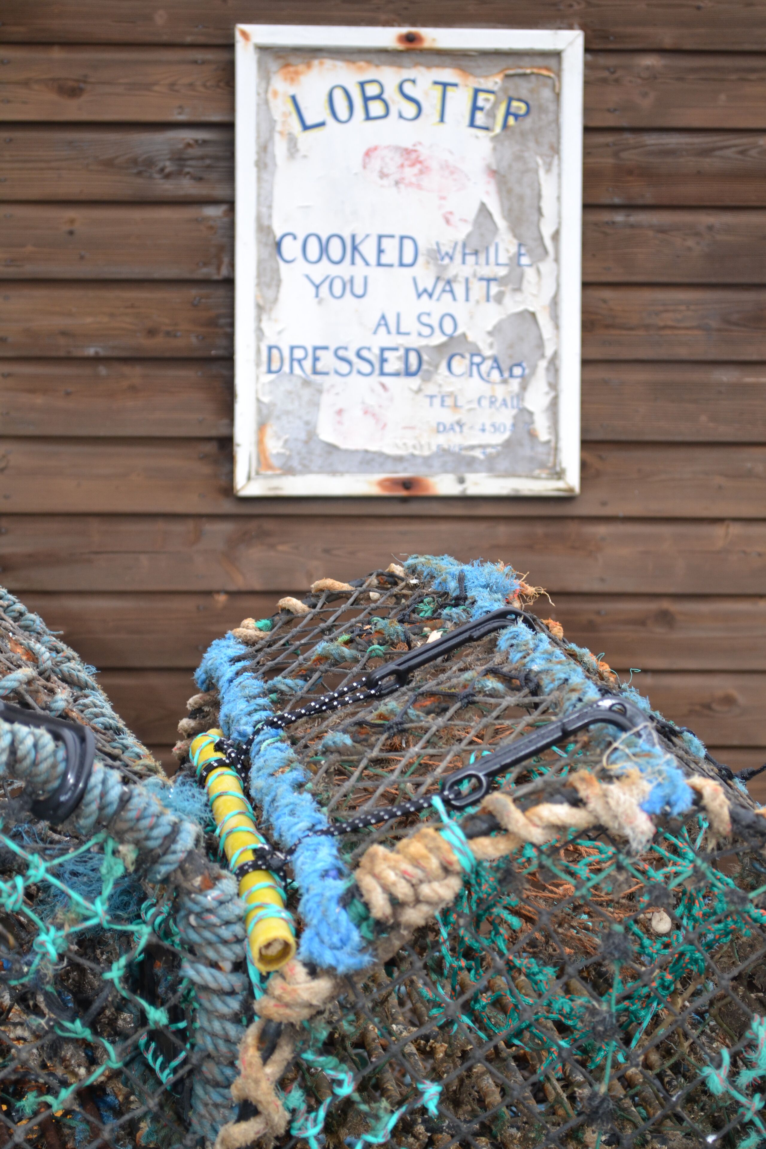 Eine Holzwand mit einem Schild, auf dem steht: 'LOBSTER COOKED WHILE YOU WAIT ALSO DRESSED CRAZ'.