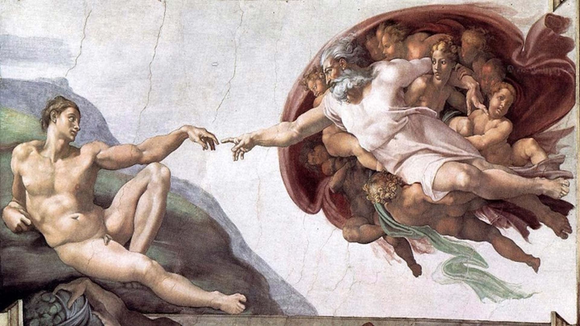 A classical fresco with figures in dynamic poses, suggesting a historical or mythological theme.