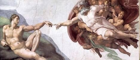 A classical fresco with figures in dynamic poses, suggesting a historical or mythological theme.