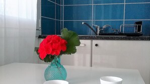Una cocina con azulejos azules, una encimera blanca, un fregadero y una bandeja con dos tazas blancas y un jarrón con flores rojas.