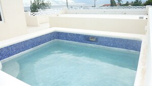 A rectangular pool with blue tiles, surrounded by a white wall and a white railing. - Ocean view apartment with plunge pools, roof terrace, balcony and near the beach (Enterprise)
