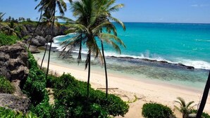A beach with clear turquoise water, palm trees, and rocky outcrops. - Ocean view apartment with plunge pools, roof terrace, balcony and near the beach (Enterprise)