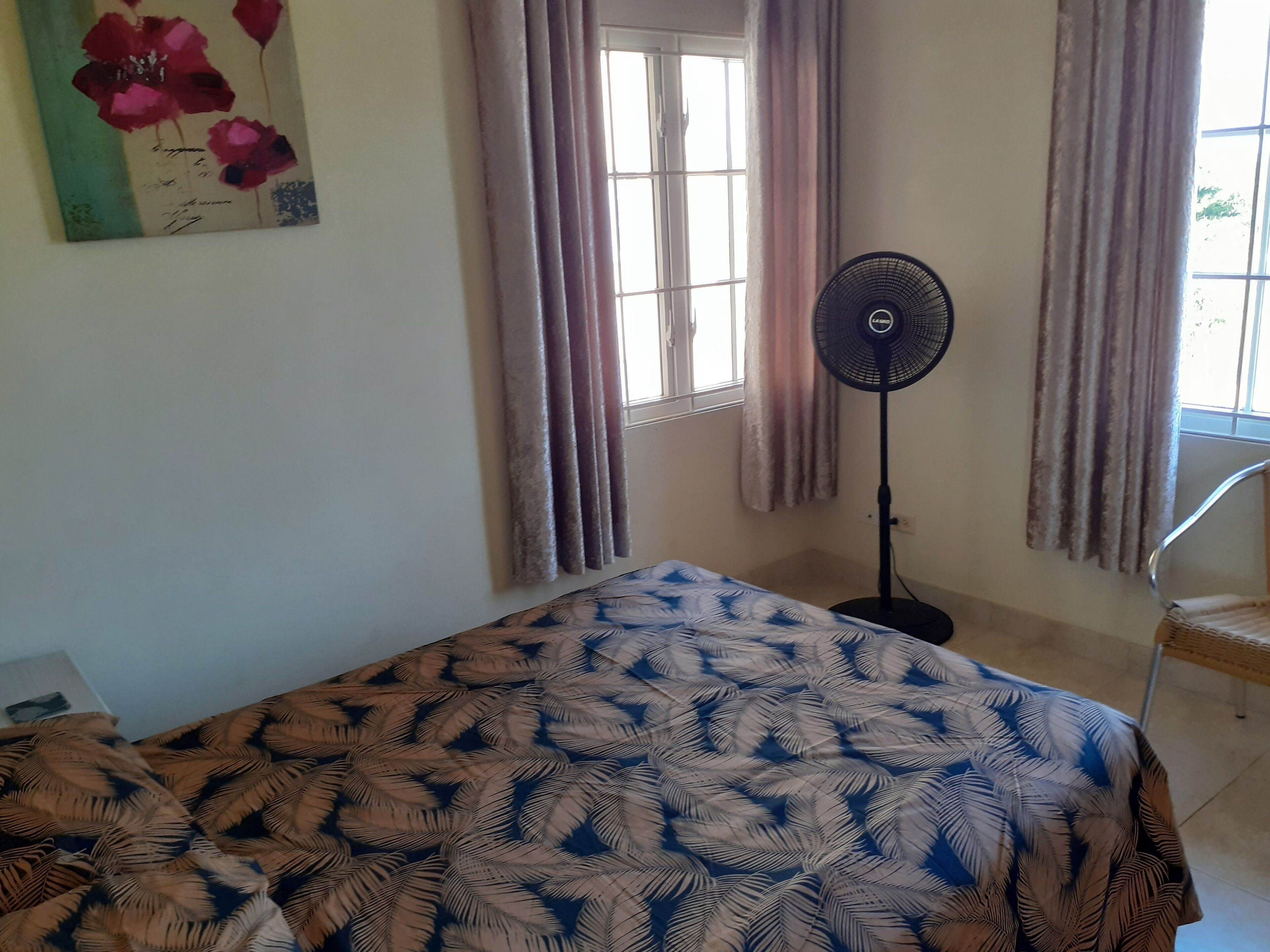 Una camera da letto con un letto, una ventola e una finestra con tende.