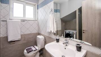 Hair dryer, towels, toilet paper