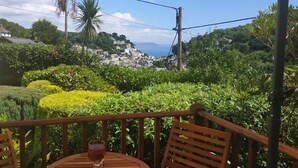 Une table en bois sur laquelle est posé un verre, entourée d’une végétation luxuriante et offrant une vue sur une ville côtière.