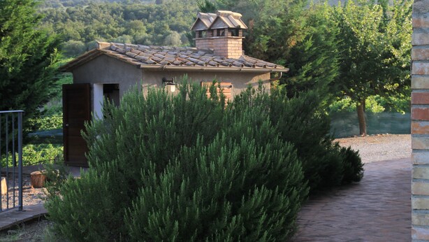 Un petit bâtiment doté d’un toit en tuiles et d’une cheminée, entouré d’une végétation luxuriante et bordé d’un chemin pavé.