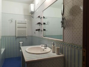 Shower, hair dryer, bidet, towels
