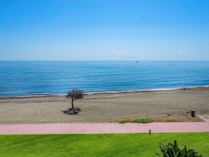 Ein Strand mit freiem Blick auf das Meer, ein einzelner Baum und ein gepflasterter Weg.