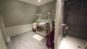 Douche, séchoir à cheveux, serviettes fournies, savon