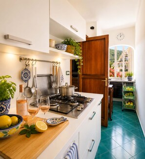 Fridge, microwave, oven, coffee/tea maker