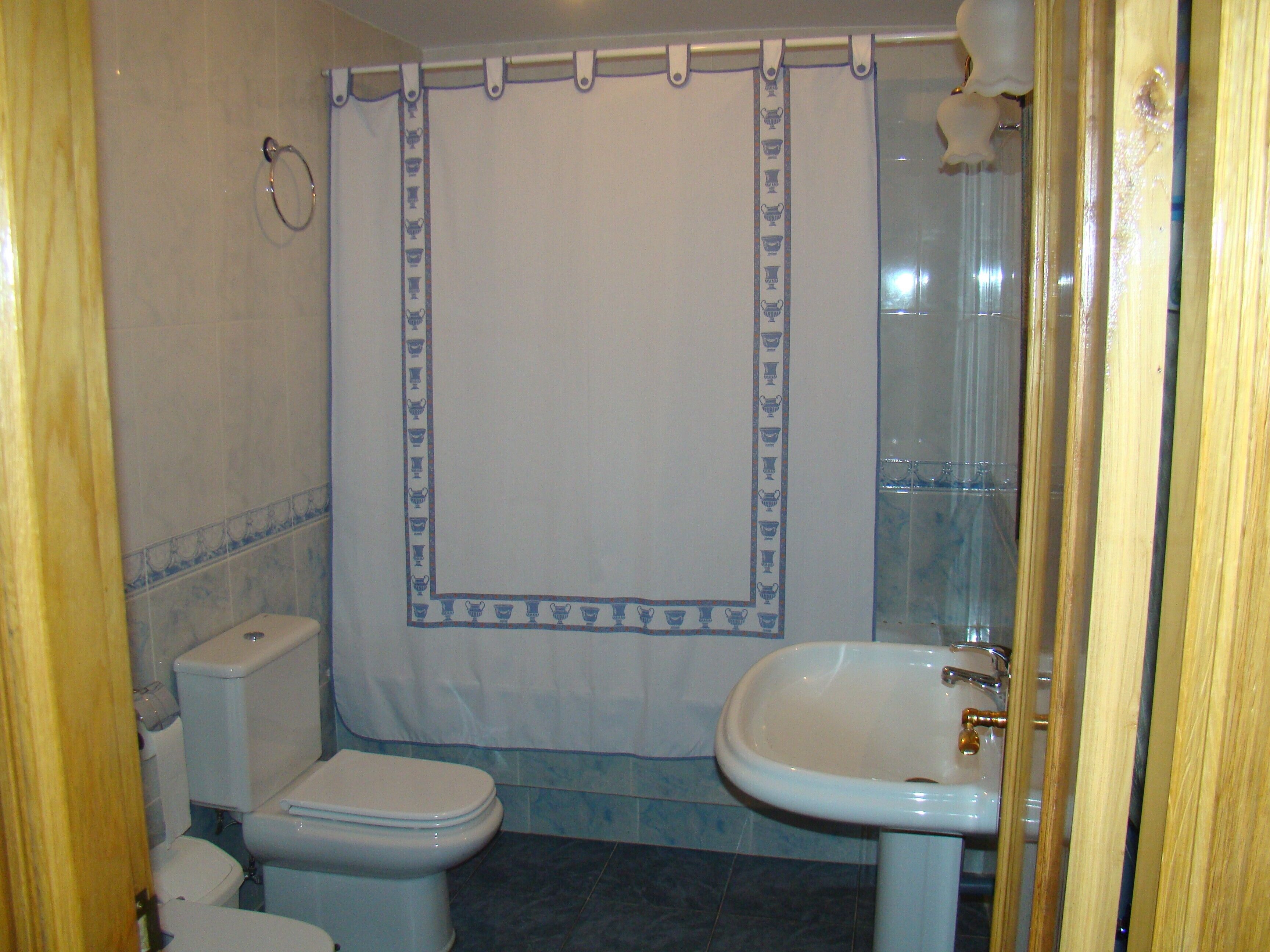 Tina con regadera, secadora de cabello, toallas, papel de baño 