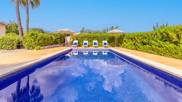 A clear blue pool with lounge chairs and umbrellas, surrounded by greenery and palm trees.