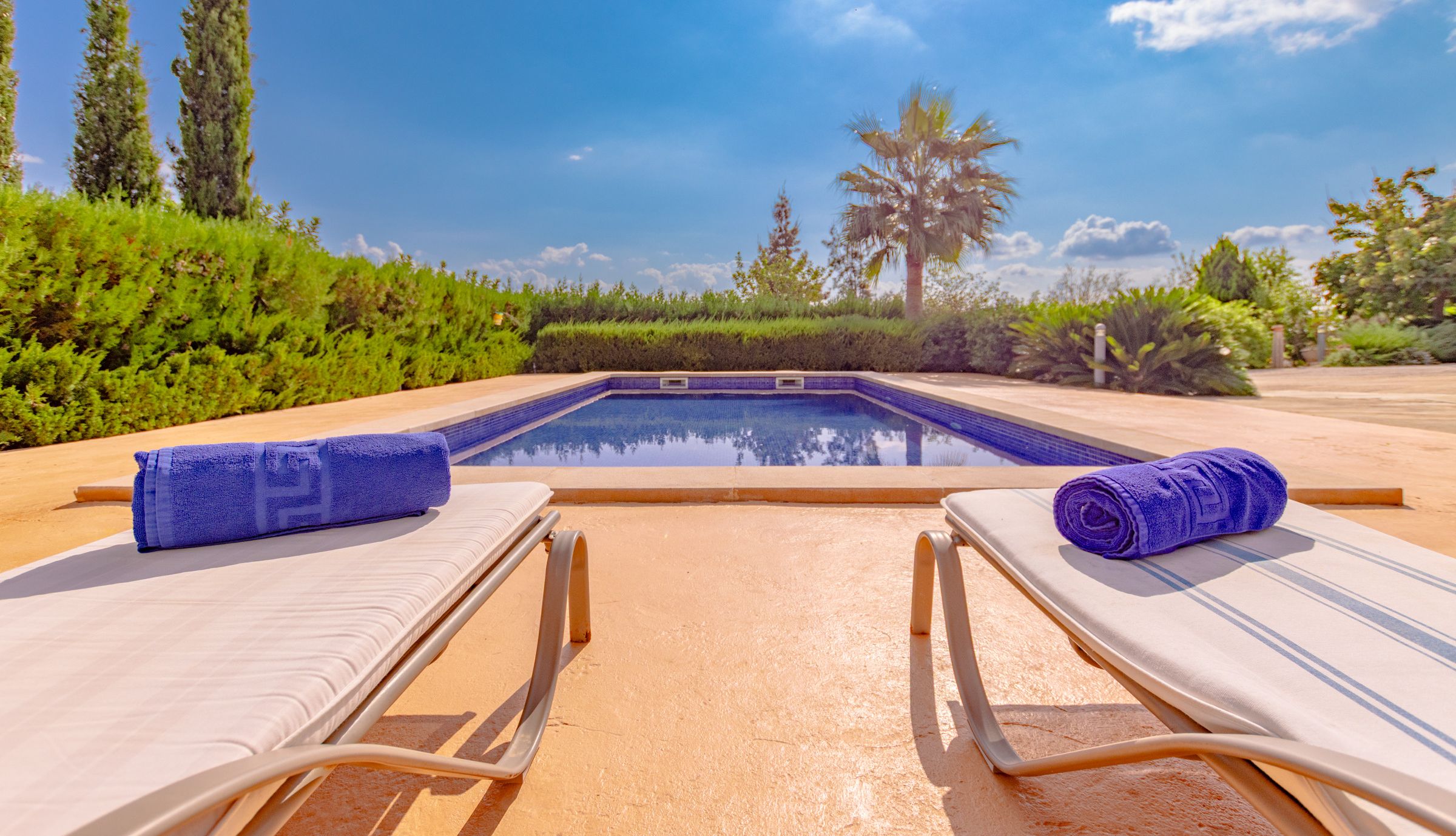 Zona de piscina con sillas de descanso y toallas, rodeada de vegetación y un cielo despejado.