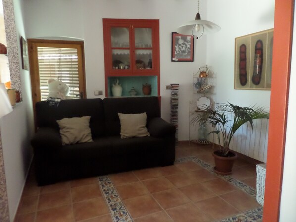 Una televisión, un reproductor de DVD, libros, una biblioteca de música