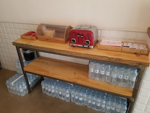 Fridge, microwave, electric kettle