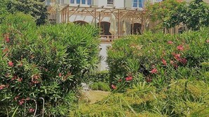 Een huis met twee verdiepingen en een pannendak, omringd door weelderige begroeiing en bloeiende planten.