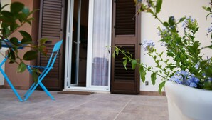 A patio area with a blue folding chair, a potted plant with blue flowers, and a sliding glass door leading to an interior space.