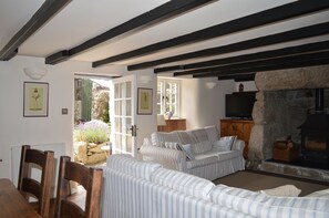 Älytelevisio, takka, DVD-soitin, kirjoja