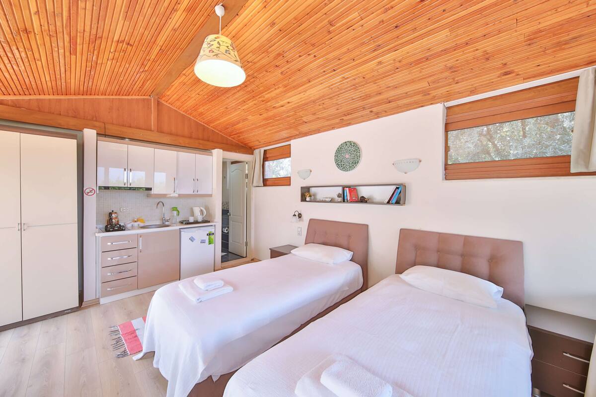 Una habitación de hotel moderna con techos de madera, dos camas, kitchenette y baño.