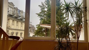 A room with a large window, a wooden chair, and a potted plant. - Albero (Swinoujscie)