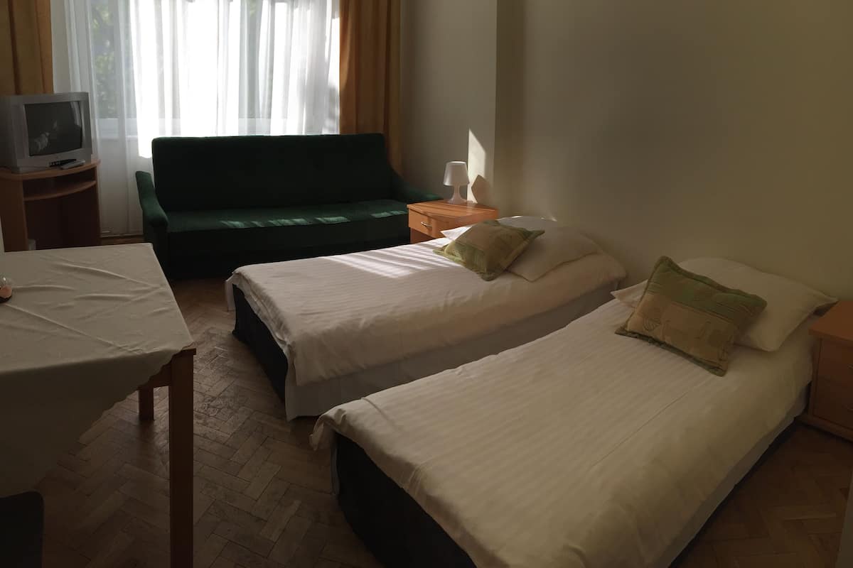 A hotel room with two single beds, a green sofa, a small table with a lamp, and a television on a wooden stand.