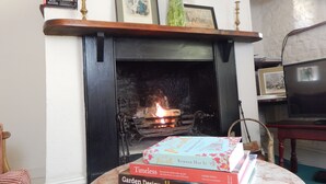 Un salon chaleureux avec une cheminée, un téléviseur et une pile de livres sur une table.