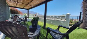 Un espace extérieur abrité, avec une table et des chaises, un pot de fleurs et une vue sur une montagne et l’océan.